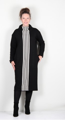 Alembika Urban French Terry Funnel Neck Dress Black/Off White Stripe