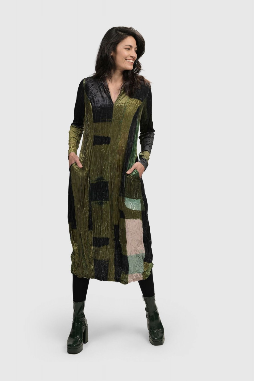 Alembika Cocktail Crinkle Velvet Cocoon Dress Olive
