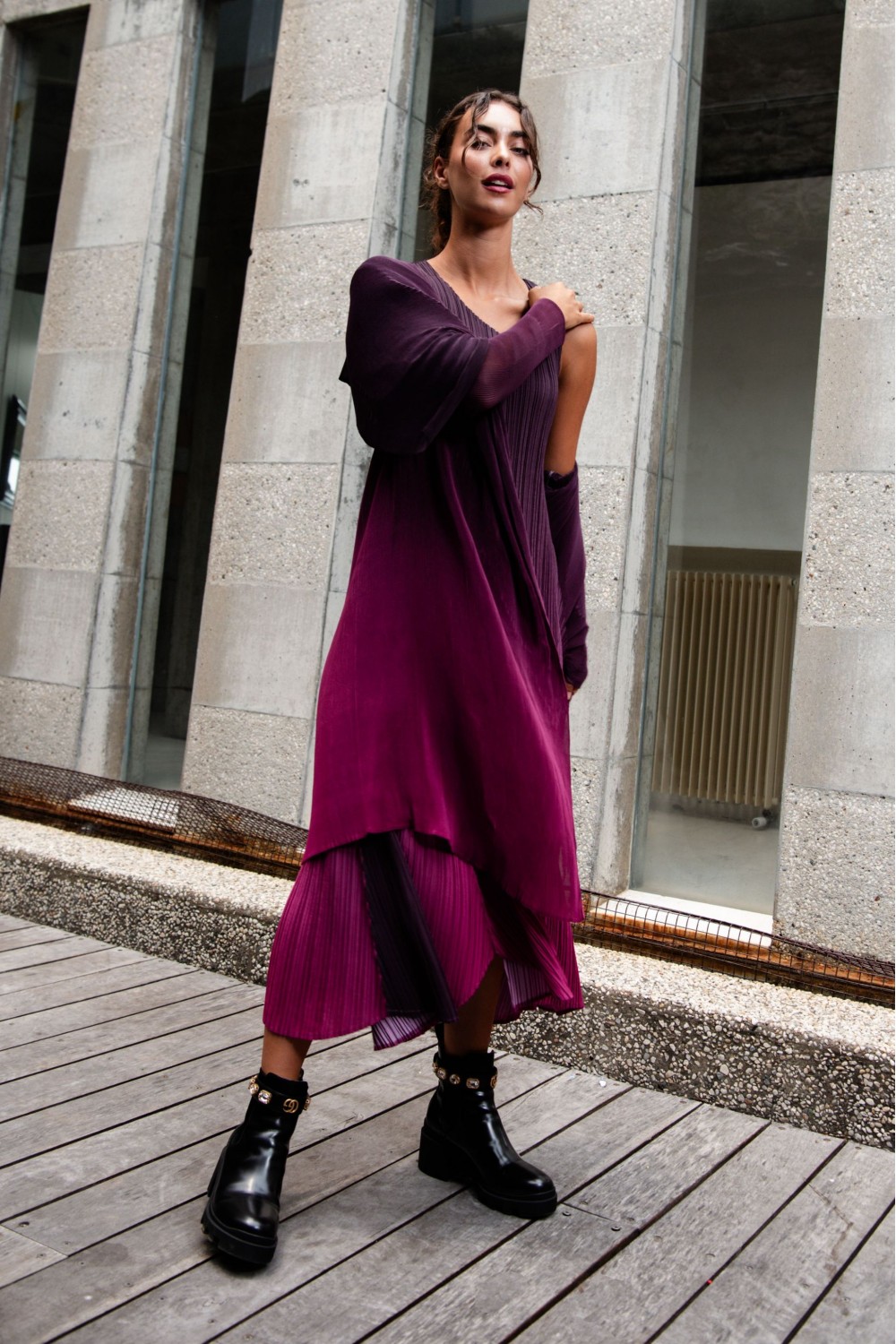 ALQUEMA Collare Pleat Coat Mulberry Ombre