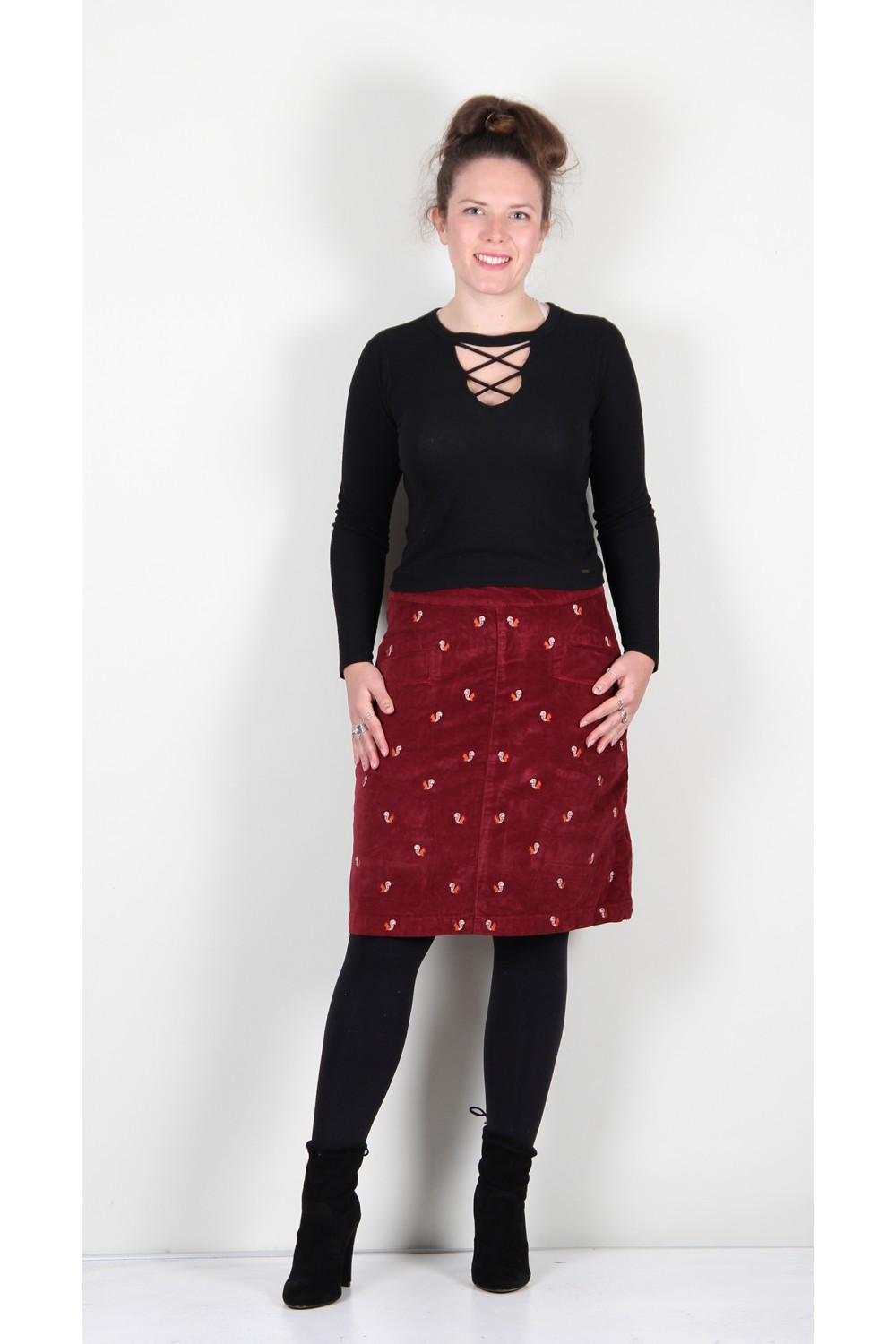 Brakeburn Embroidered Cord Skirt Burgundy