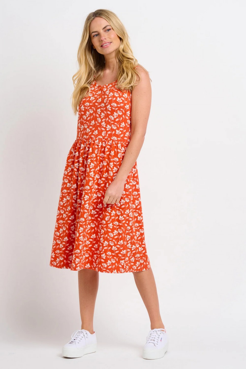 BRAKEBURN FLOATING FLORAL SLEEVELESS DRESS CORAL