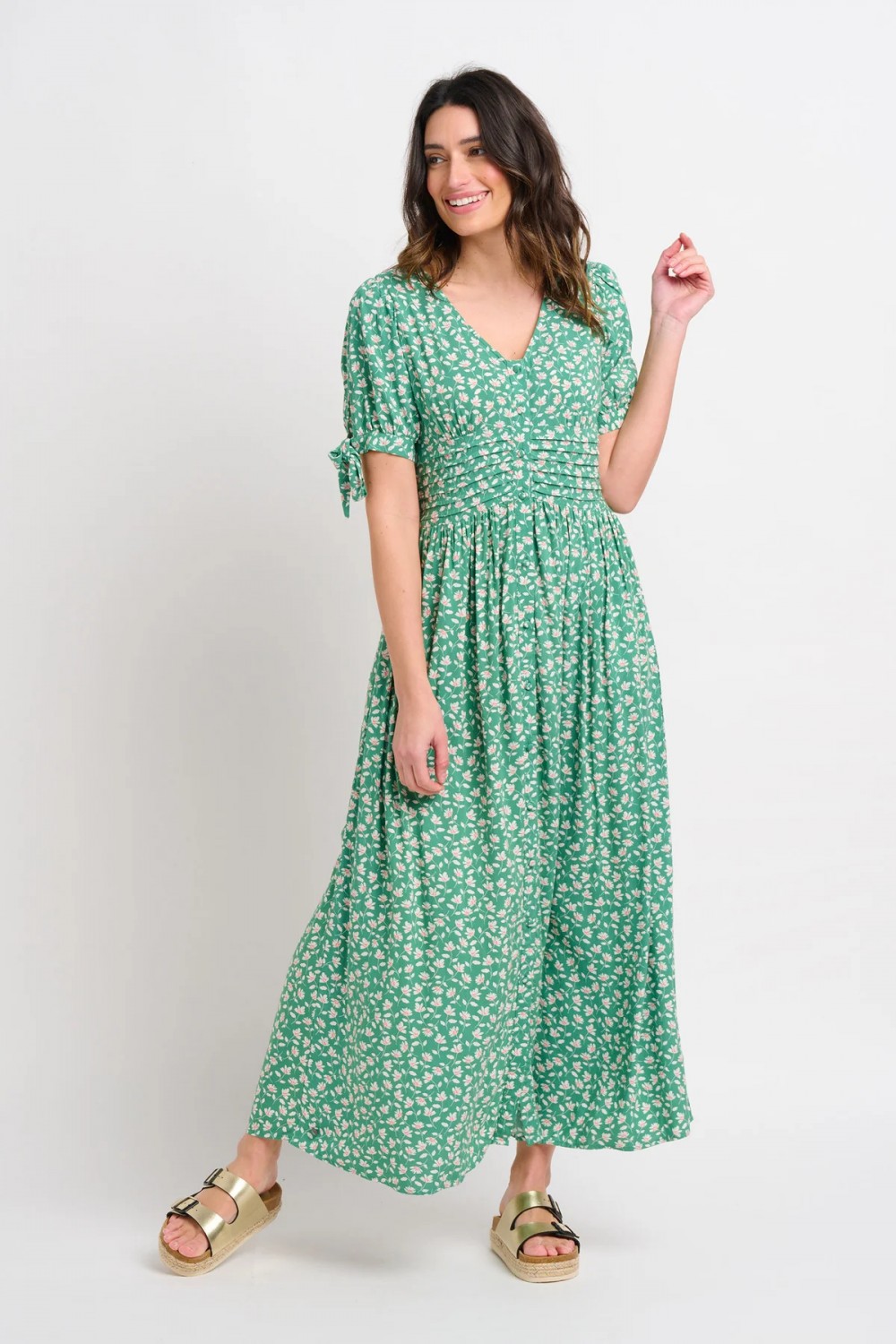 BRAKEBURN SPRING GARDEN PINTUCK MAXI DRESS GREEN