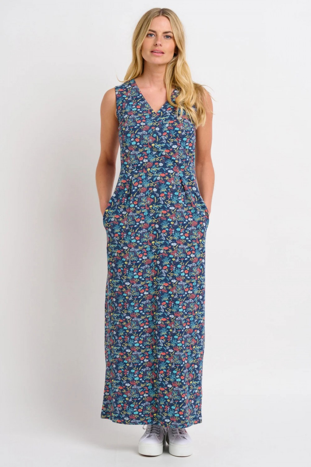 BRAKEBURN VINTAGE DITSY WRAP MAXI DRESS BLUE