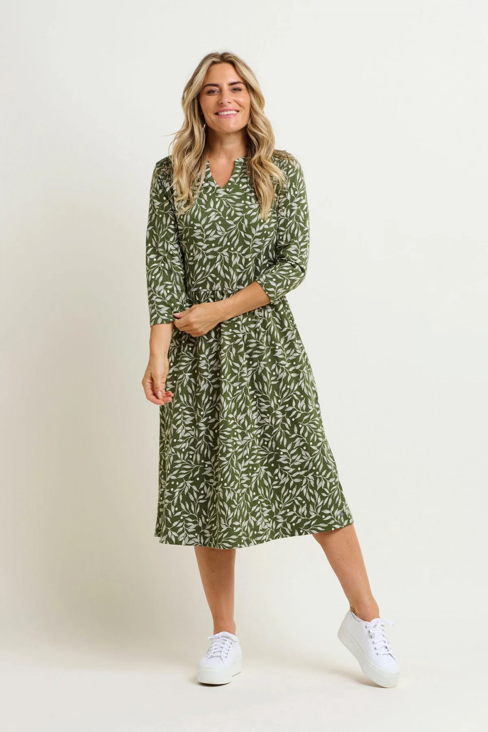 BRAKEBURN ORCHARD LEAF MIDI DRESS KHAKI