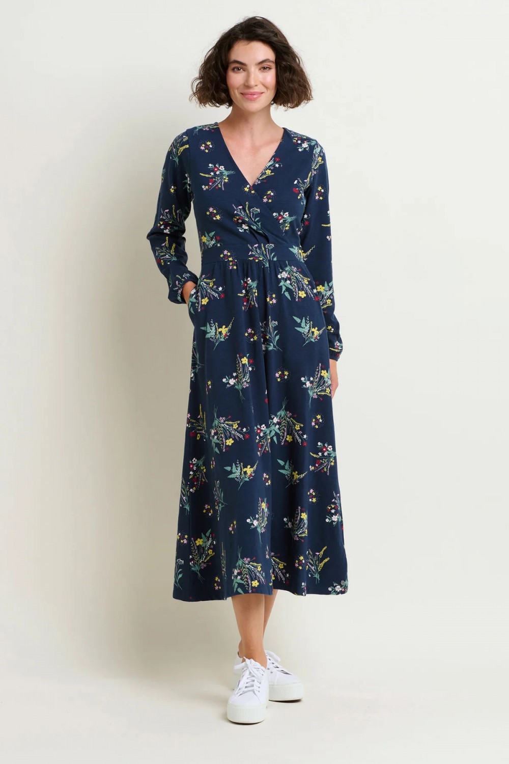 BRAKEBURN SPRING BUNCHES WRAP MAXI DRESS NAVY