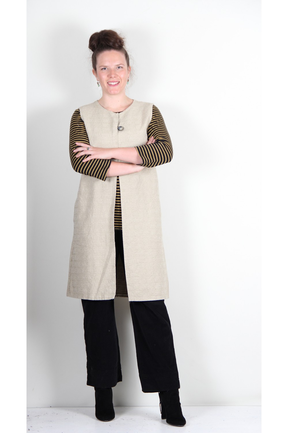 Cut Loose Canvas Texture Long Vest with Pockets Laundered