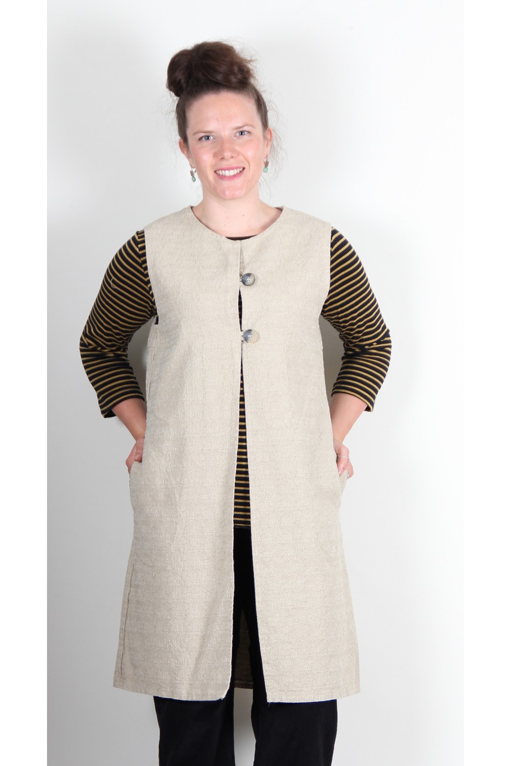 Cut Loose Canvas Texture Long Vest with Pockets Laundered