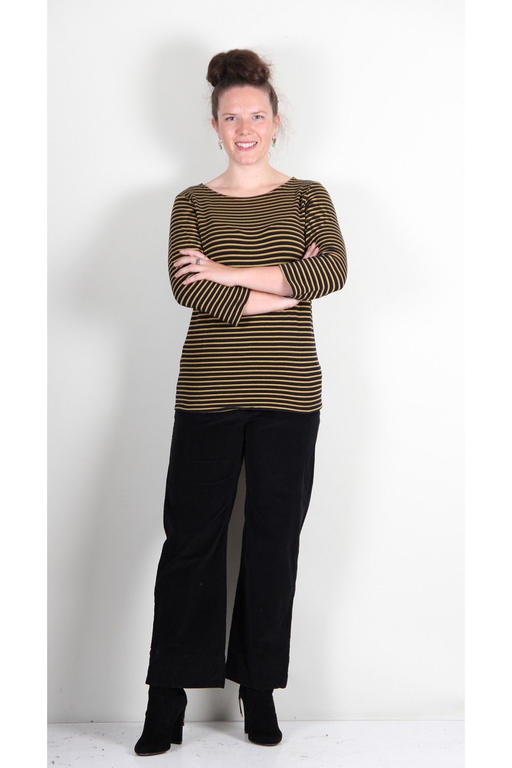 Cut Loose Stripe Fleece 3/4 Sleeve Boatneck Top Urchin/Black