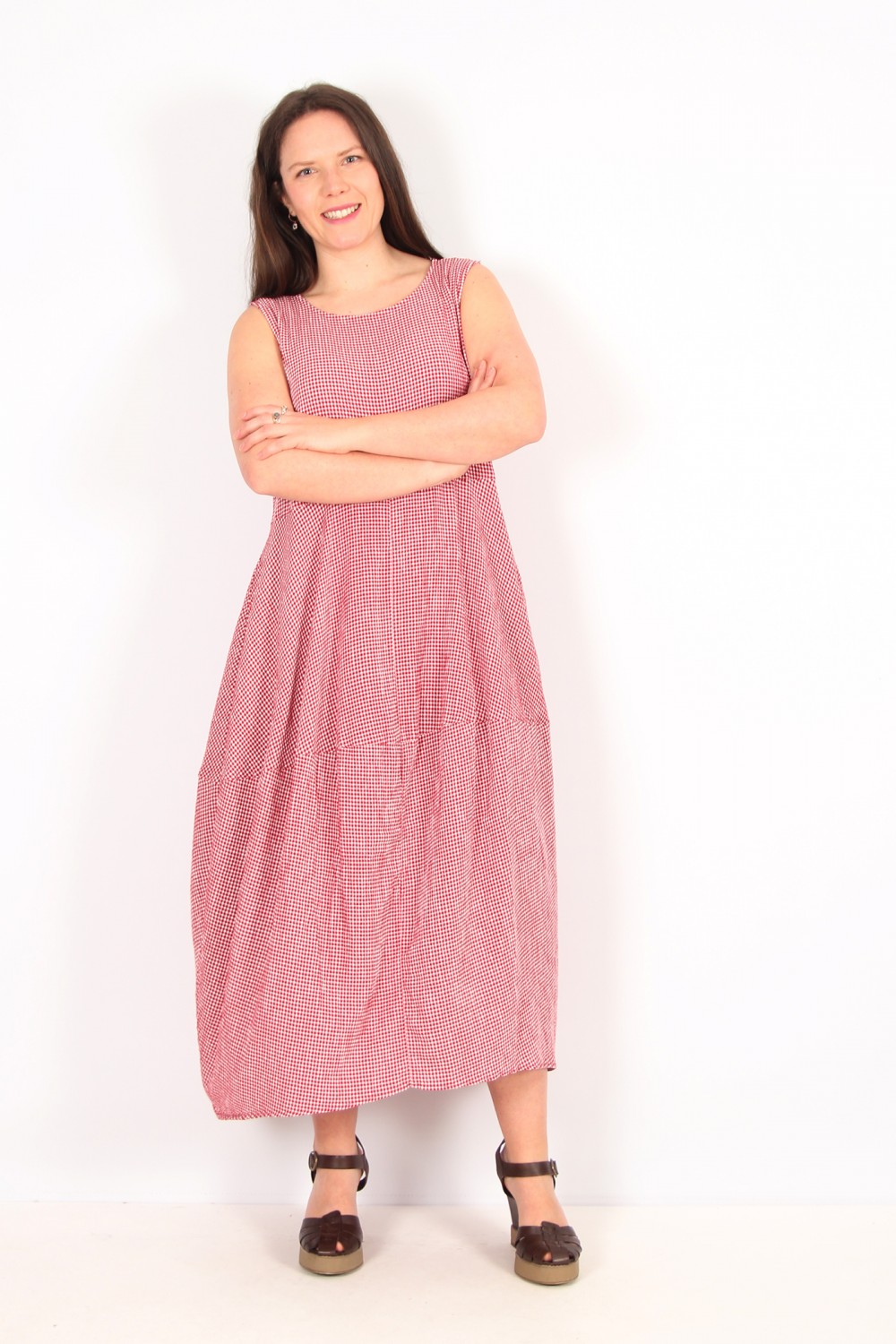 Cut Loose Seamed Bubble Dress Crinkle Check Cardinal