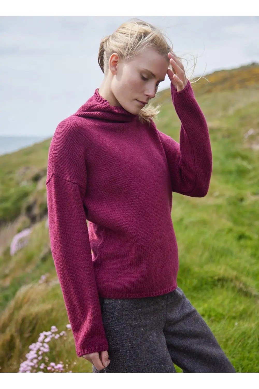 Fisherman Out Of Ireland Funnel Neck Slouchy Sweater Berry