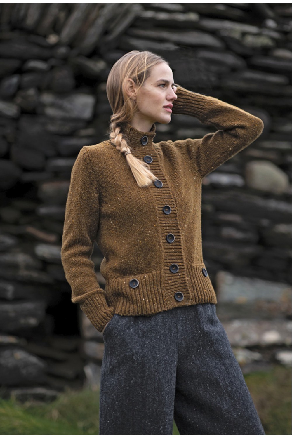 Fisherman Out of Ireland Donegal Fleck Boxy Pocket Cardigan Ochre