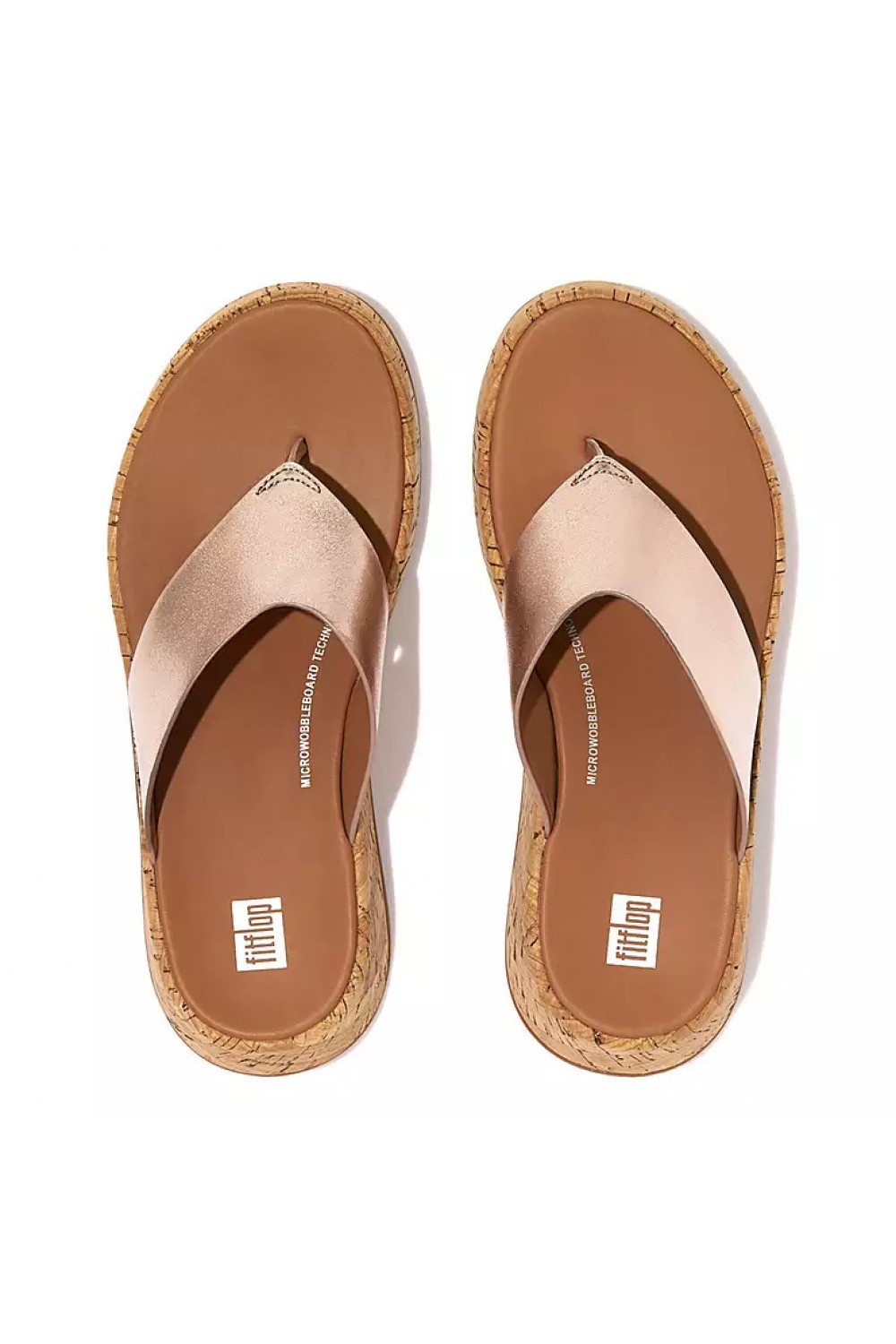 Fitflop F-MODE Metallic Leather/Cork Flatform Toe-Post Sandals Rose Gold