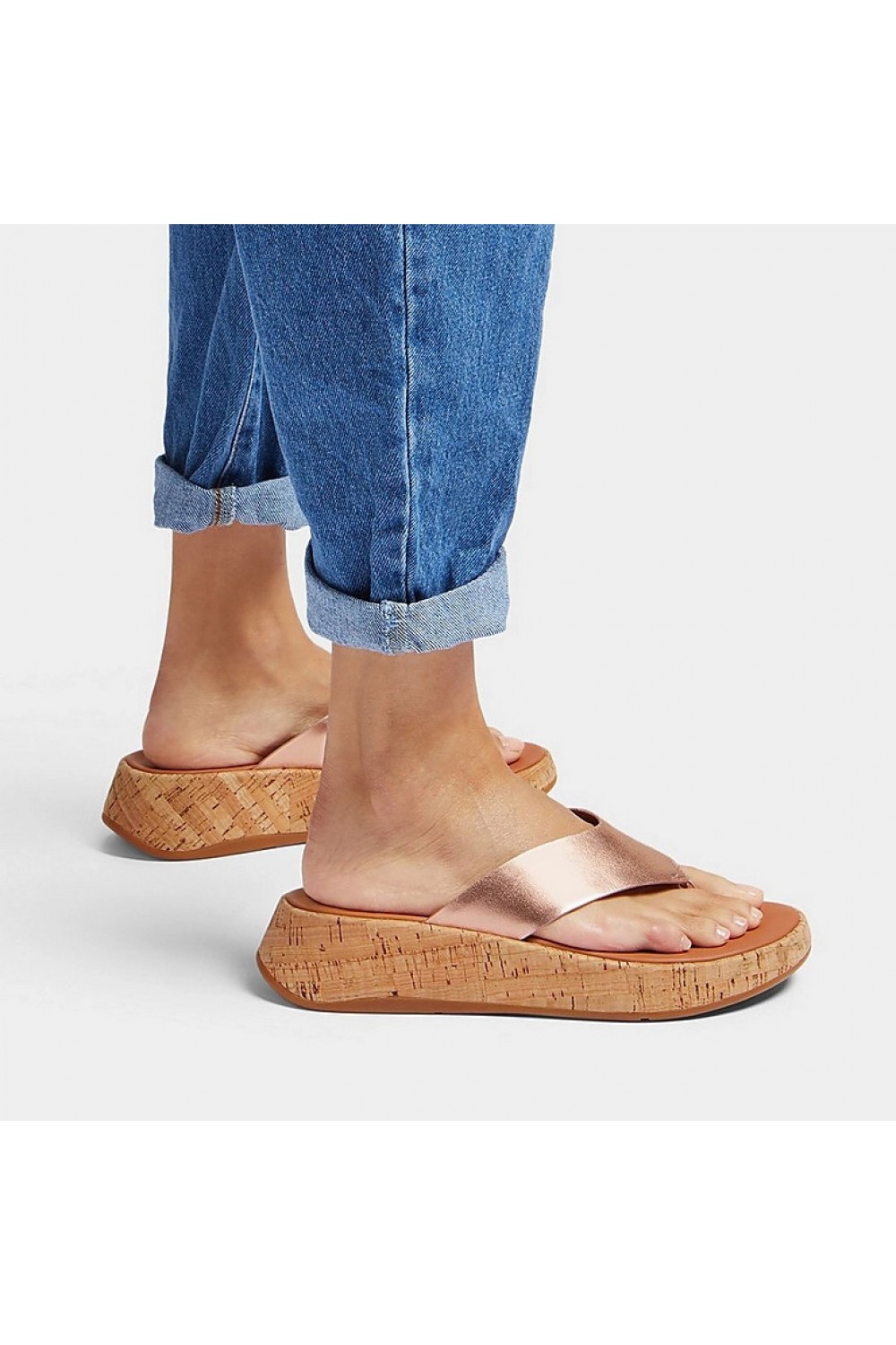 Fitflop F-MODE Metallic Leather/Cork Flatform Toe-Post Sandals Rose Gold