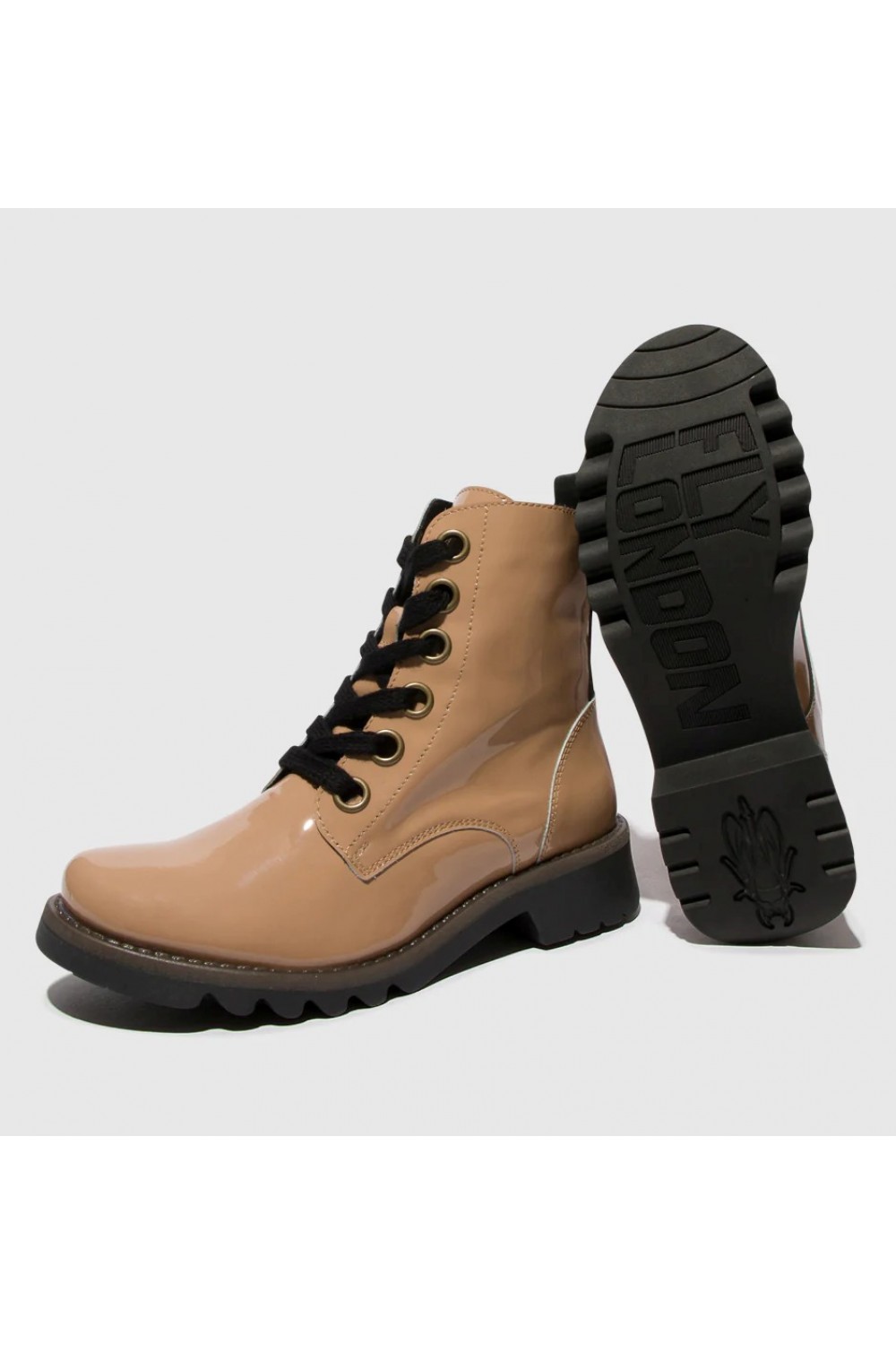 FLY LONDON Ragi539 Military Style Lace Up Boot Capuccino Patent Leather