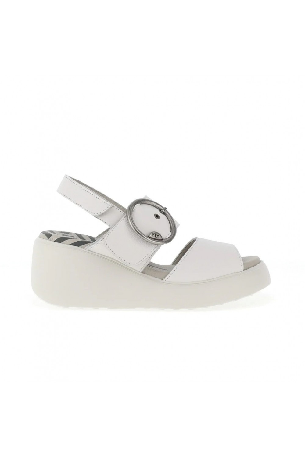 FLY LONDON DIGO939 Buckle/Velcro Fastening Leather Wedge Sandal White