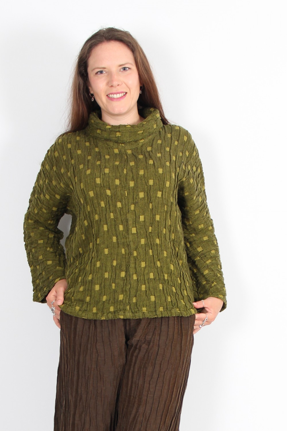 Grizas Textured Linen/Cotton Roll Neck Top Asparagus