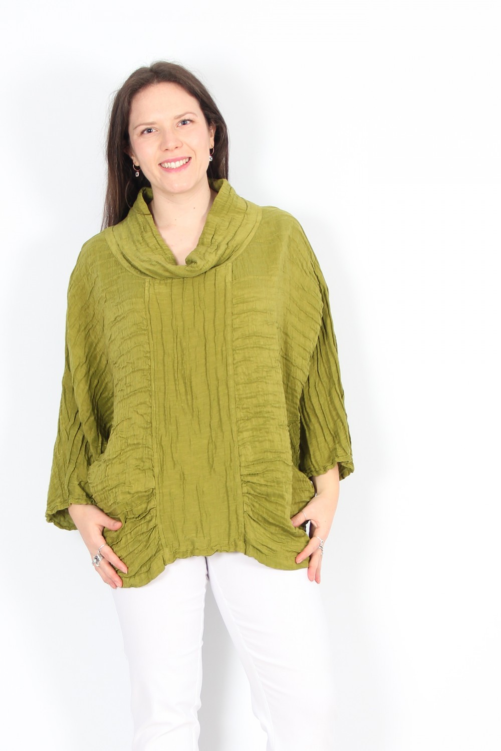 Grizas Silk/Linen Cowl Neck Top Asparagus