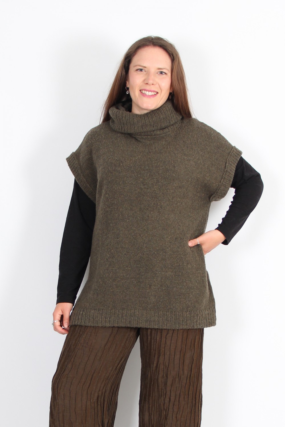 Grizas Boucle Roll Neck Tabbard Moss