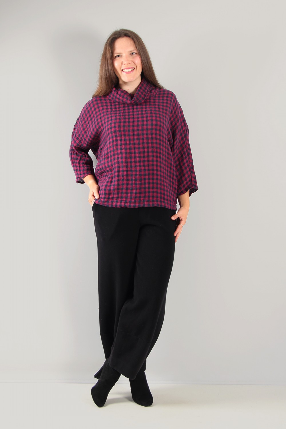 Grizas Check Linen Cowl Neck Top Navy/Pink