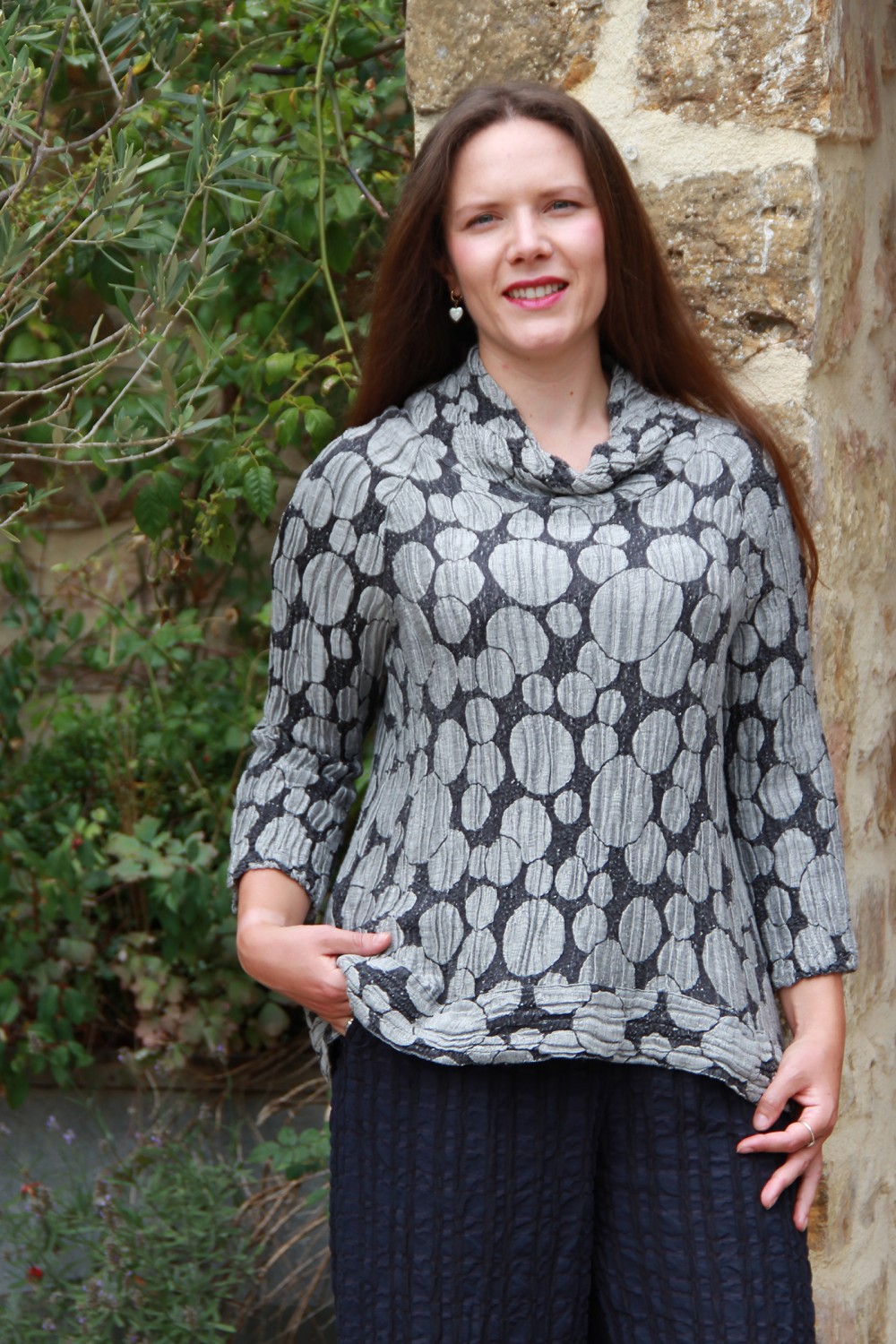 Grizas Silk/Linen Cowl Neck Spot Top Moonlight