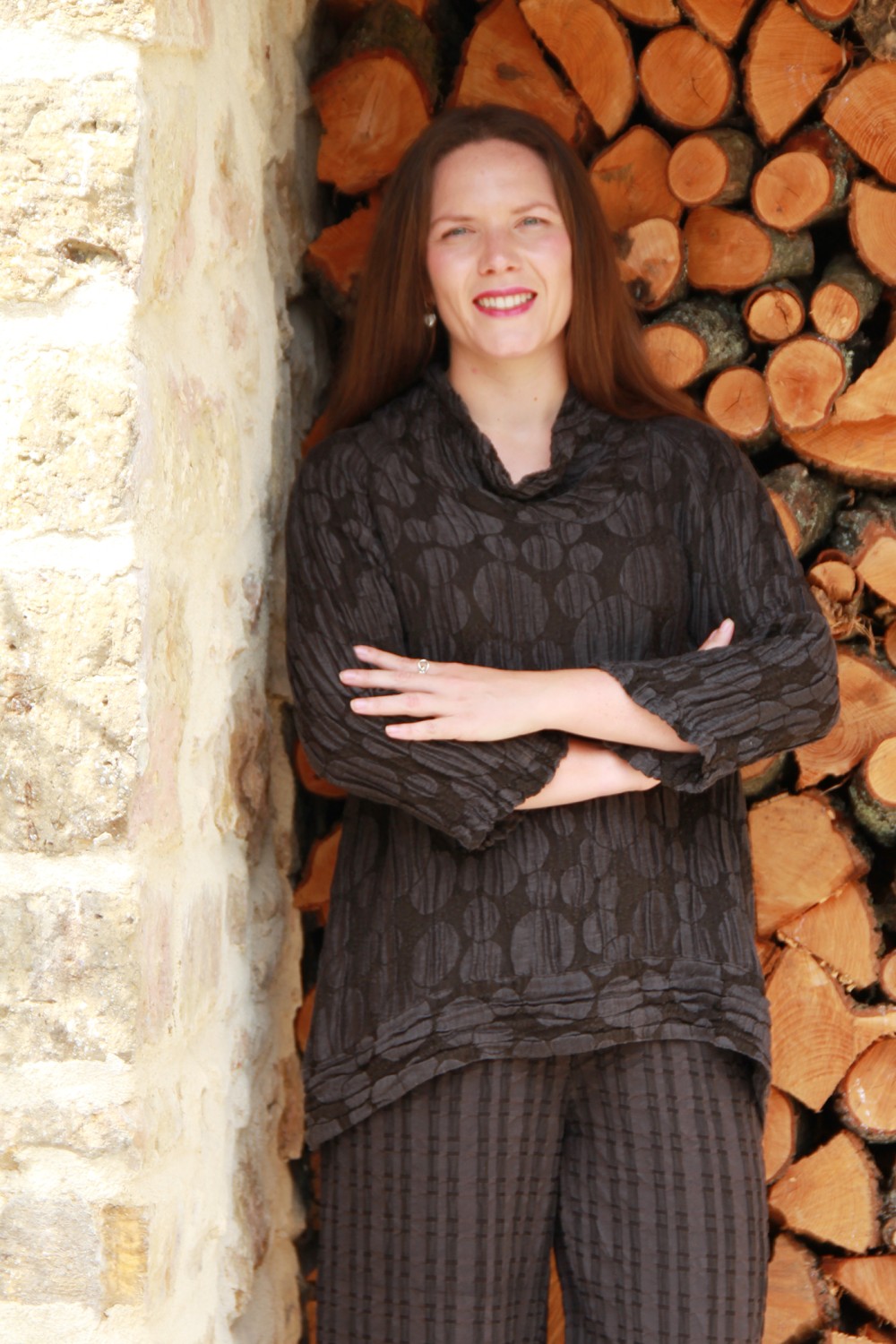 Grizas Silk/Linen Cowl Neck Spot Top Cocoa