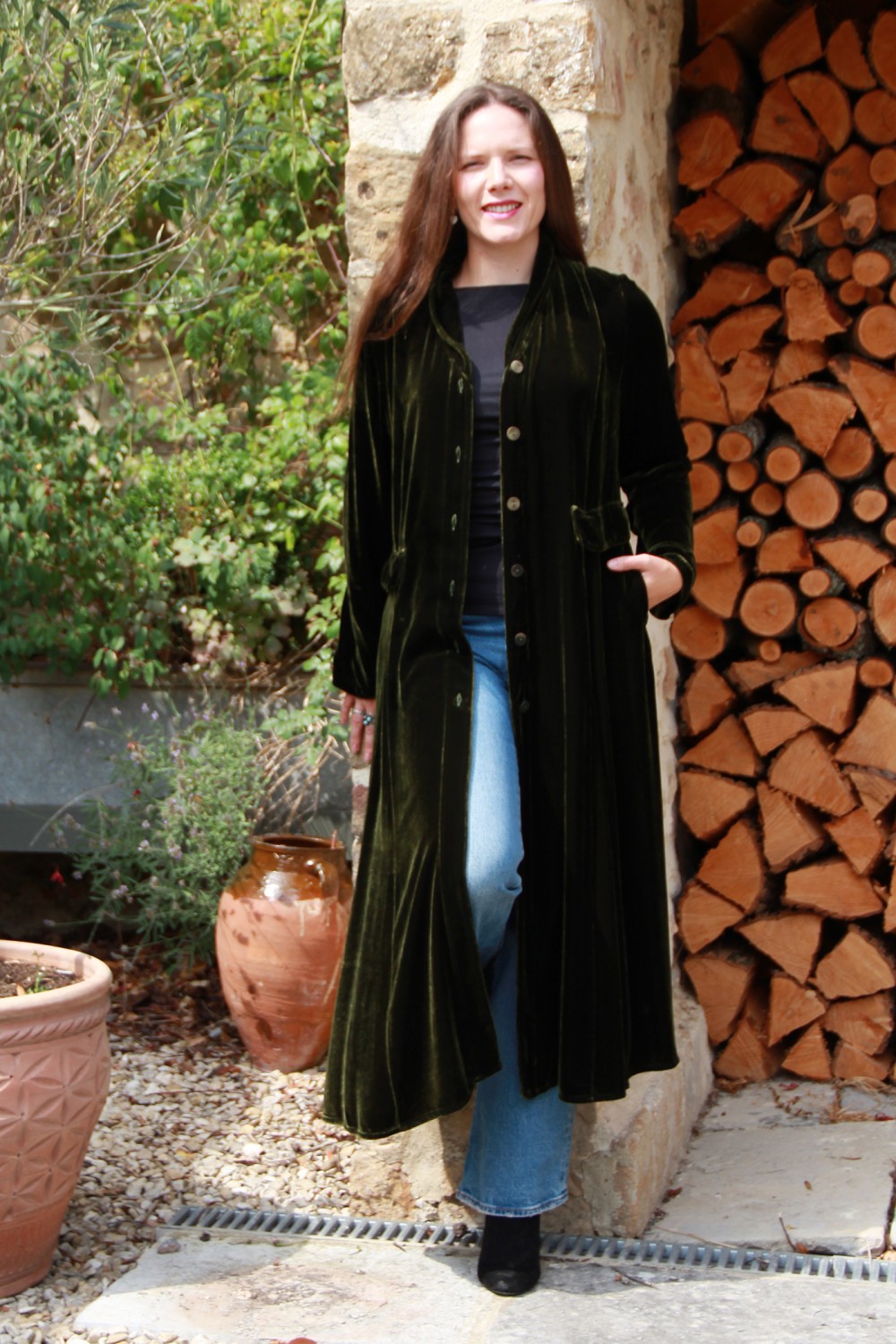 Grizas Long Velvet Coat/Dress Moss