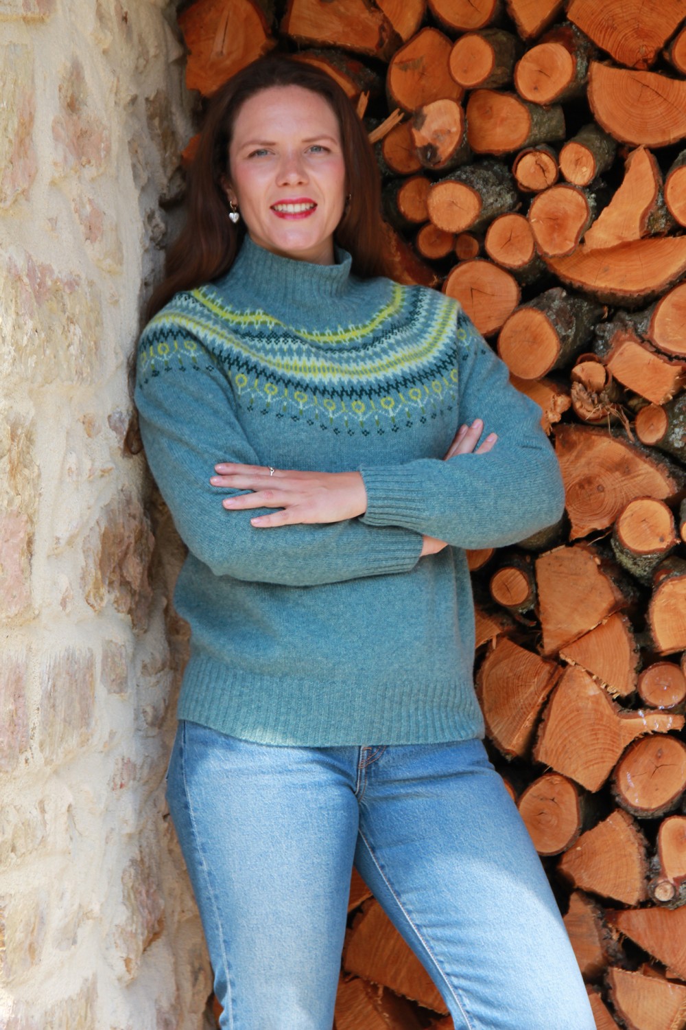 Harley Of Scotland Fairisle Super Soft Funnel Neck Knit Oribe Green