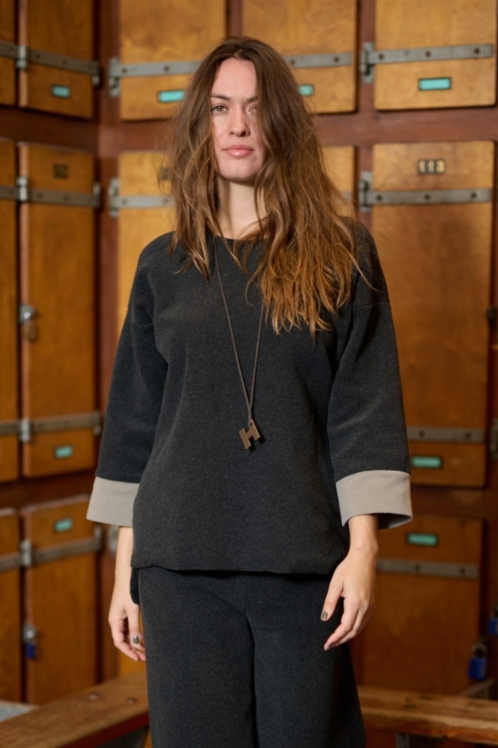 HENRIETTE STEFFENSEN BLOUSE TWO COLOURED 1371 SOFT BLACK/ELEPHANT