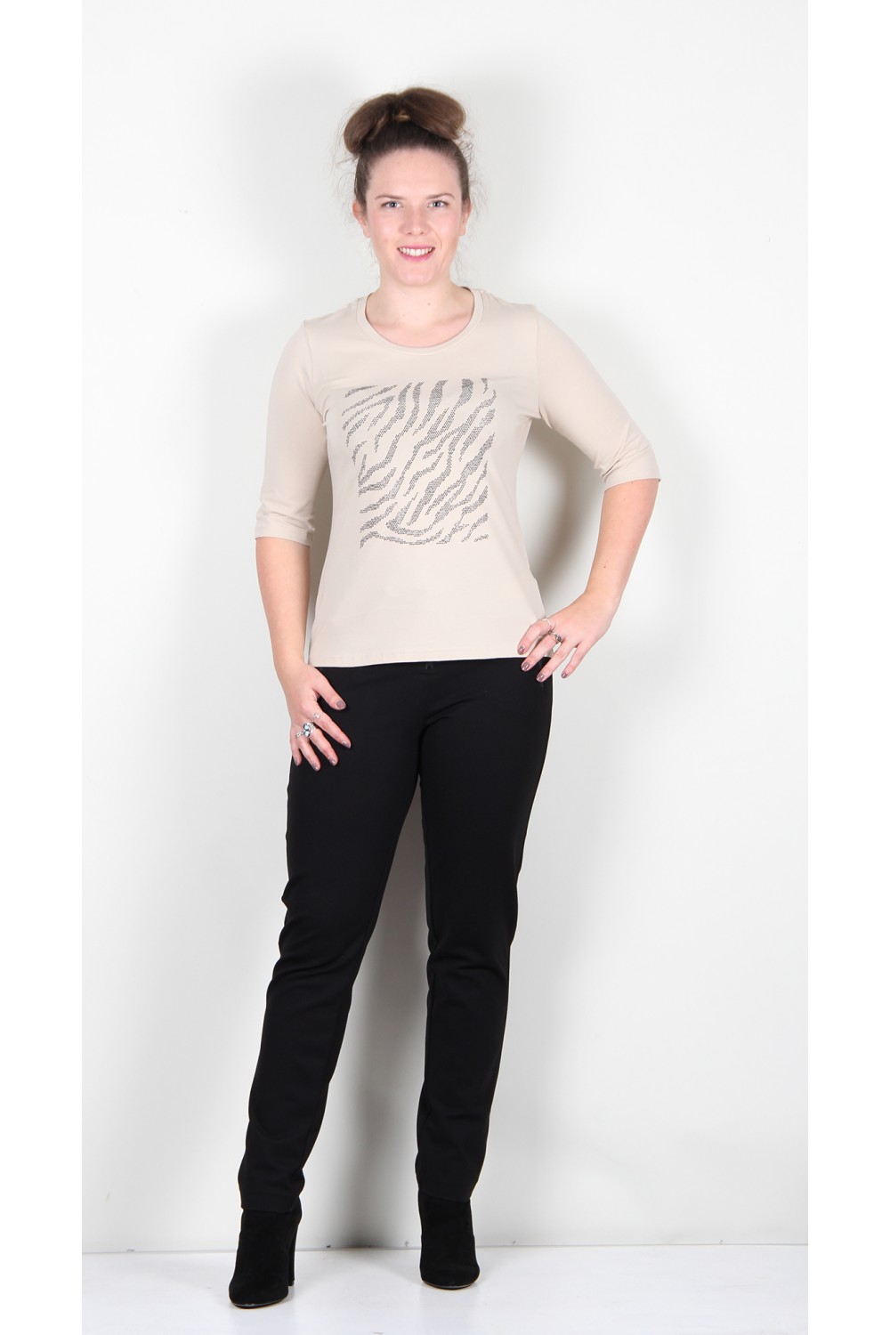 Icona Rhinestone Abstract Zebra Jersey Top Taupe