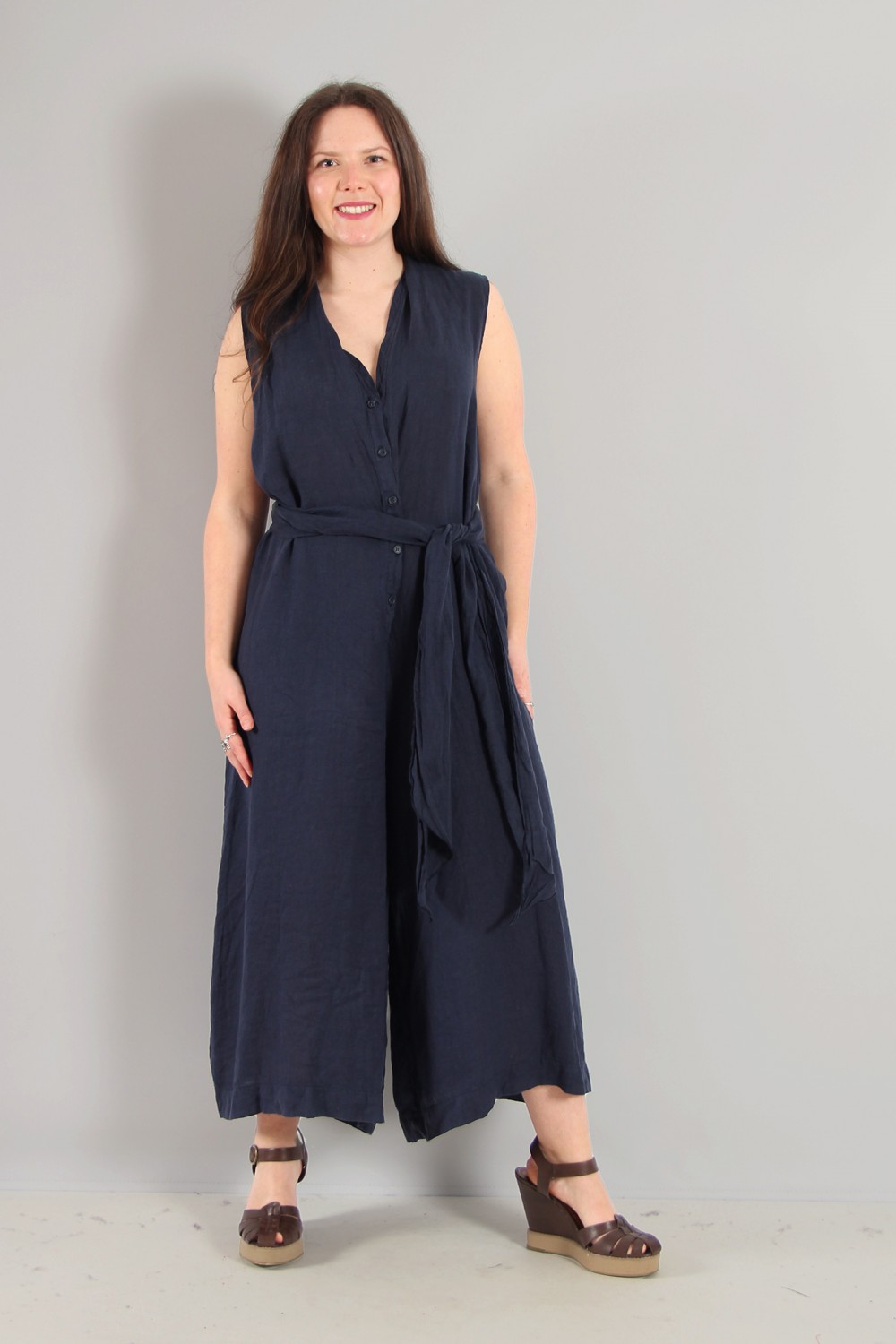 Mama B Luna L Linen Wide Leg Jumpsuit Blue