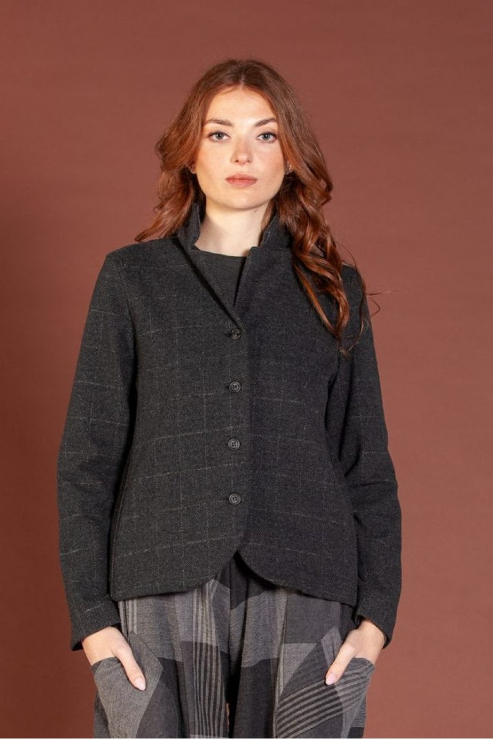 Mama B Adele J Check Herringbone Fitted Jacket Anthracite