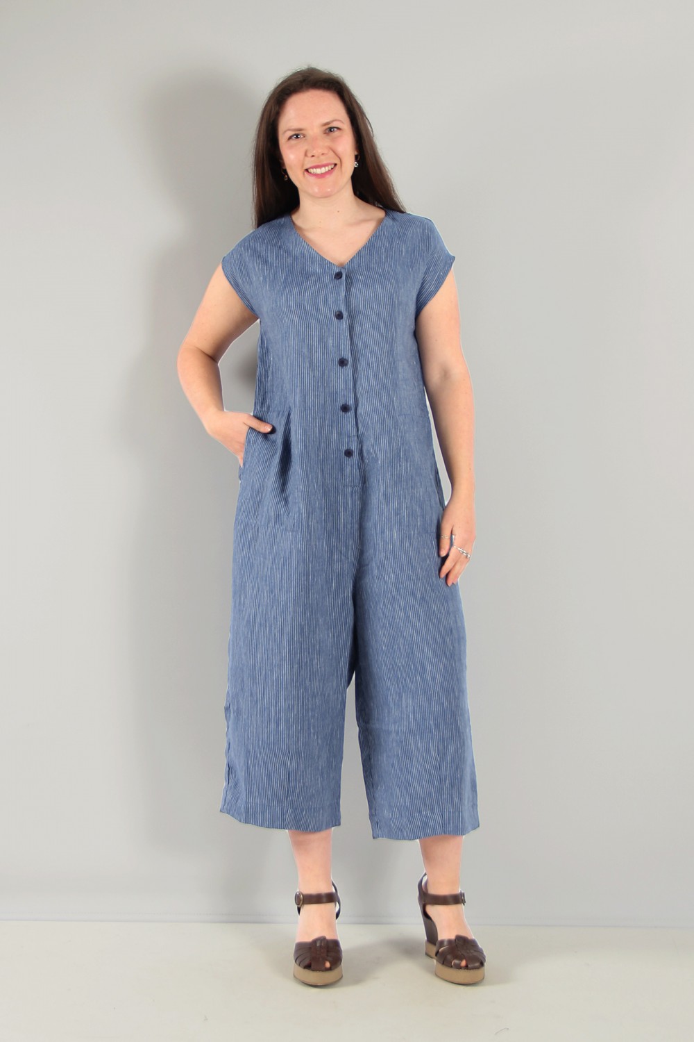 Mes Soeurs Et Moi Iguane Linen Pinstripe Jumpsuit Azure