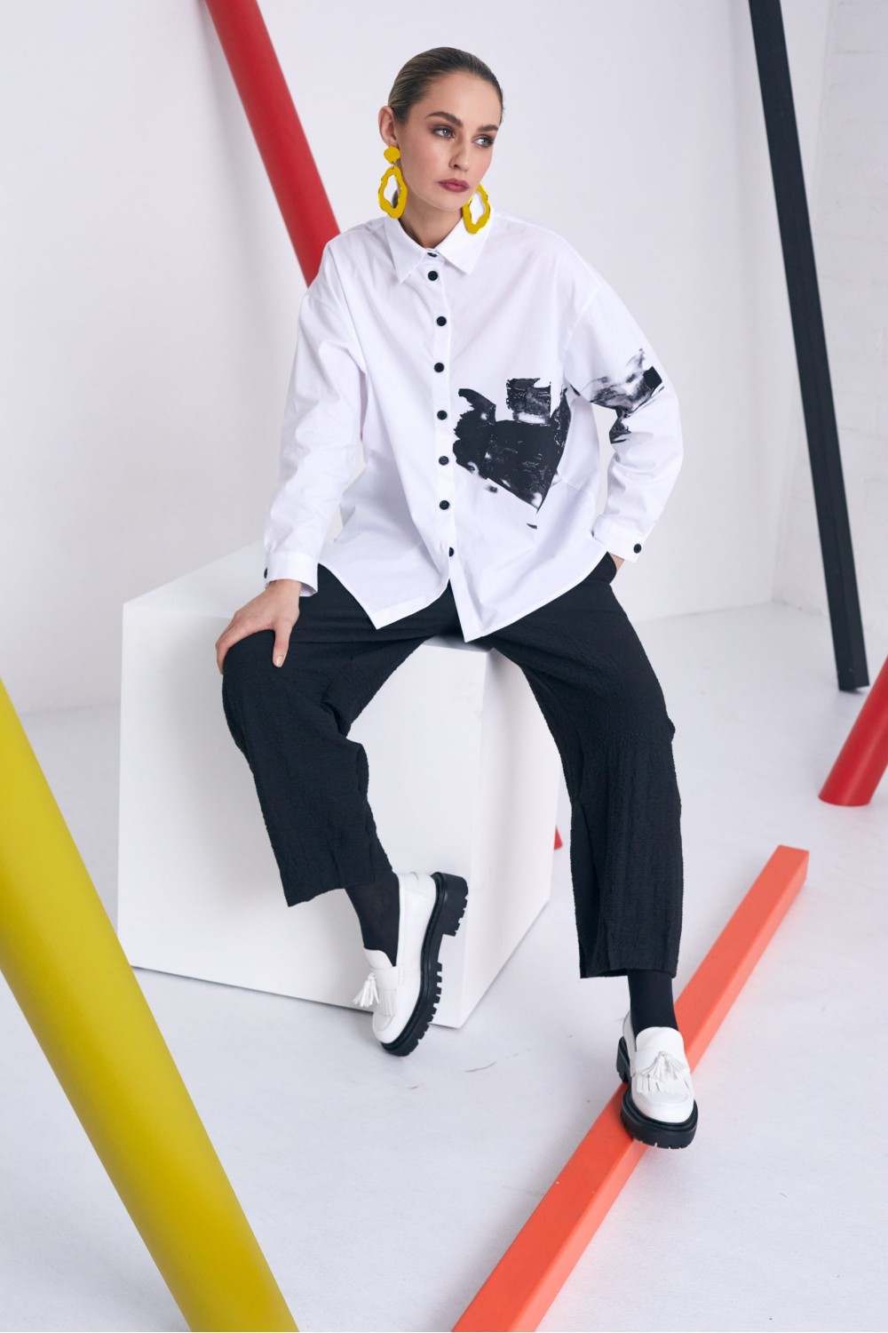 Naya Cotton Shirt With Placement Print White/Black