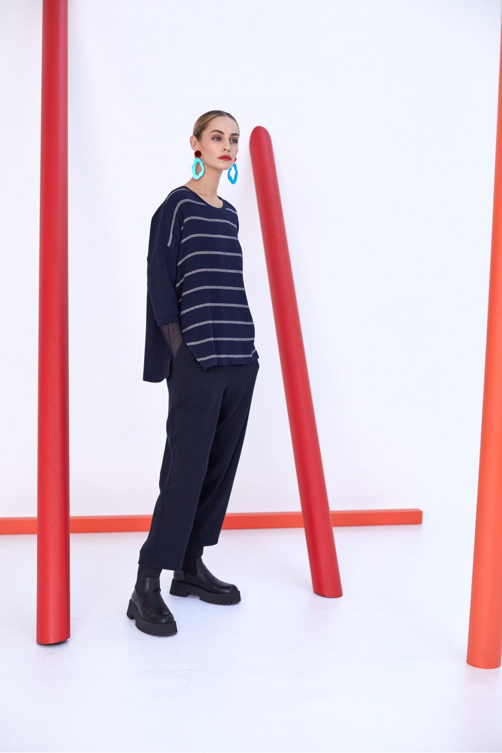Naya Stripe Top With Cut Away Hem Navy