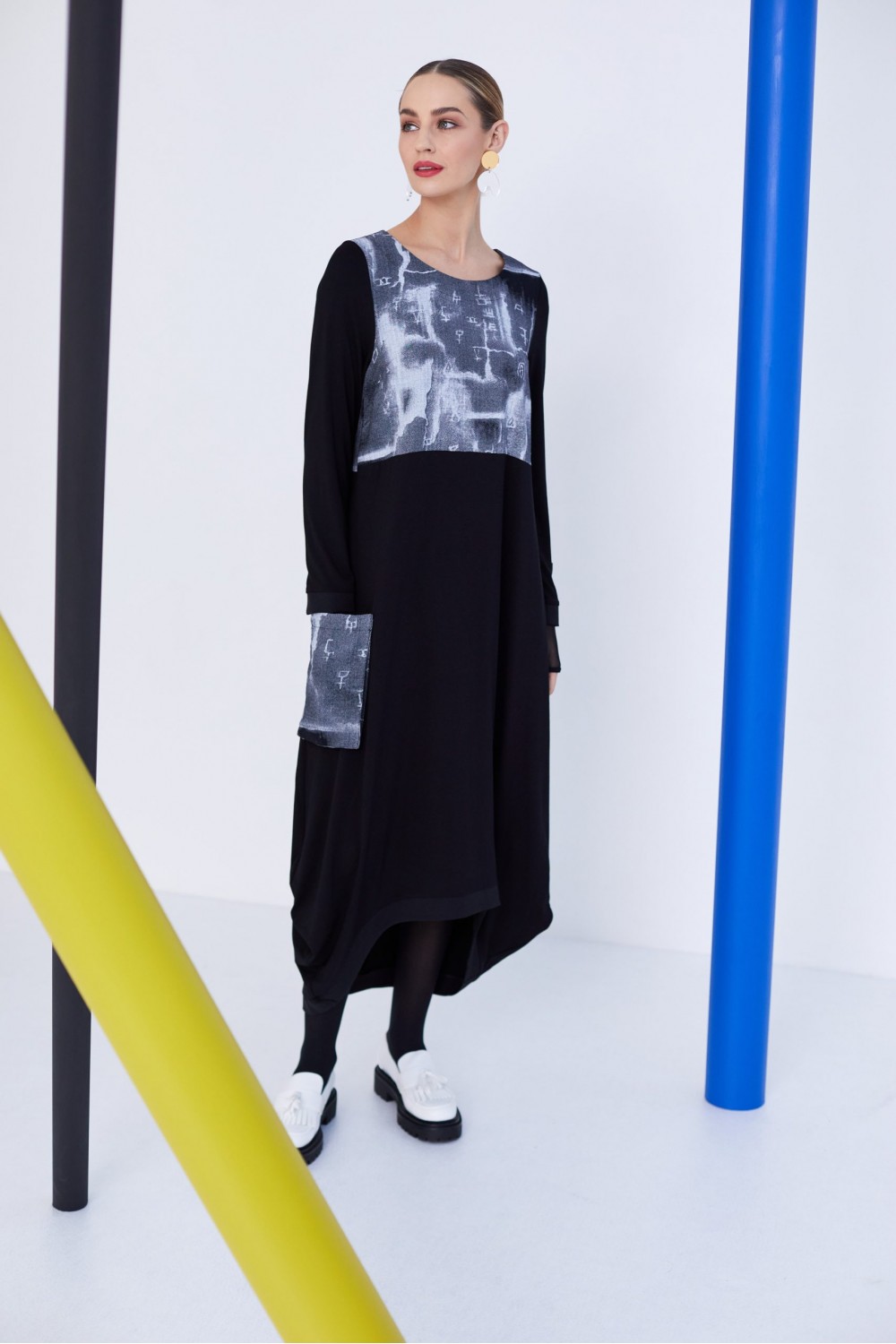 Naya Dress With Print Panel/Pocket Black/Grey