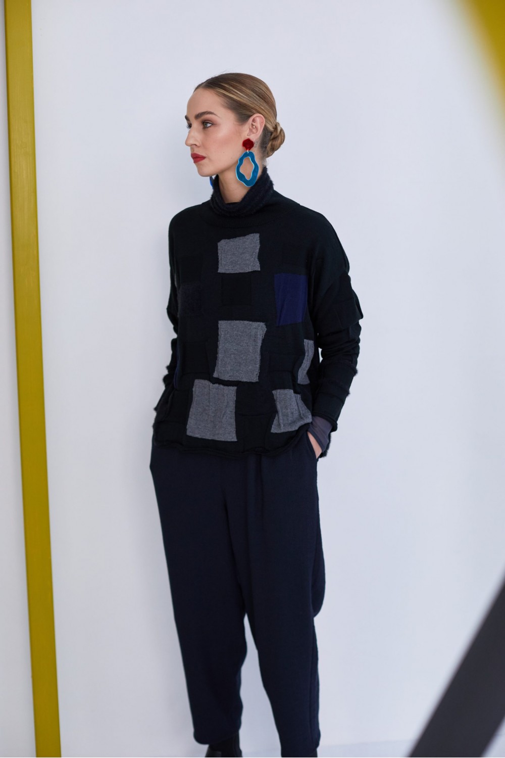 Naya Roll Neck Knit With Contrast Patches Black/Grey
