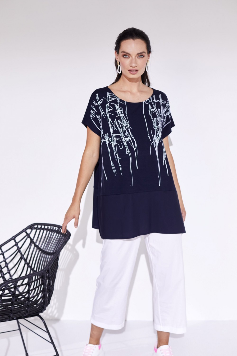 Naya Print Top With Plain Hem Navy