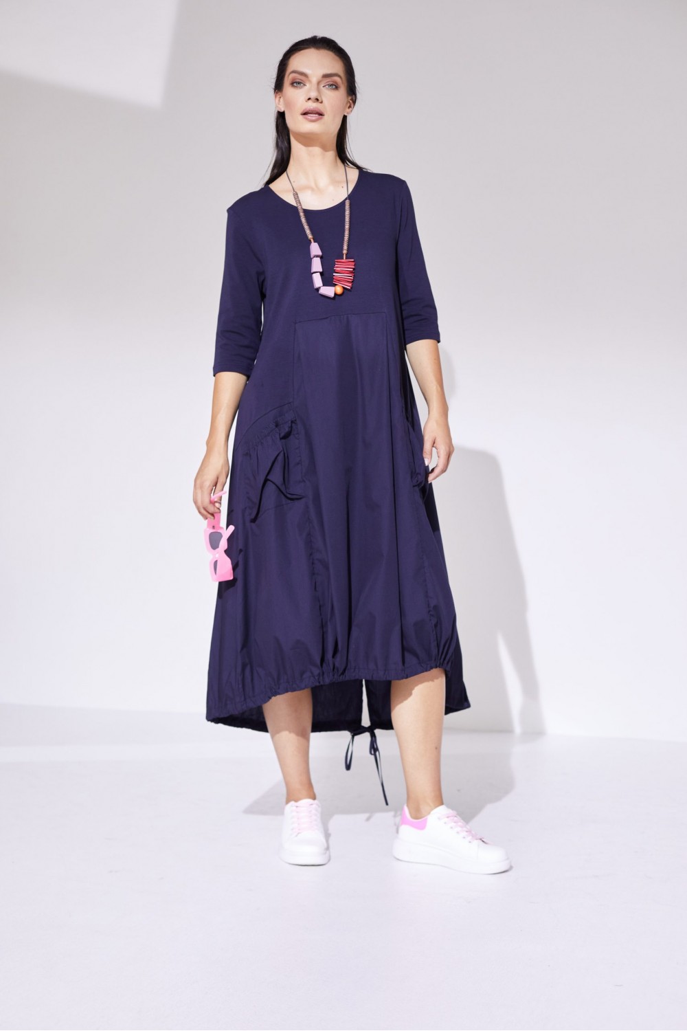 Naya Cotton Dress With Contrast Top Panel/Pockets Navy