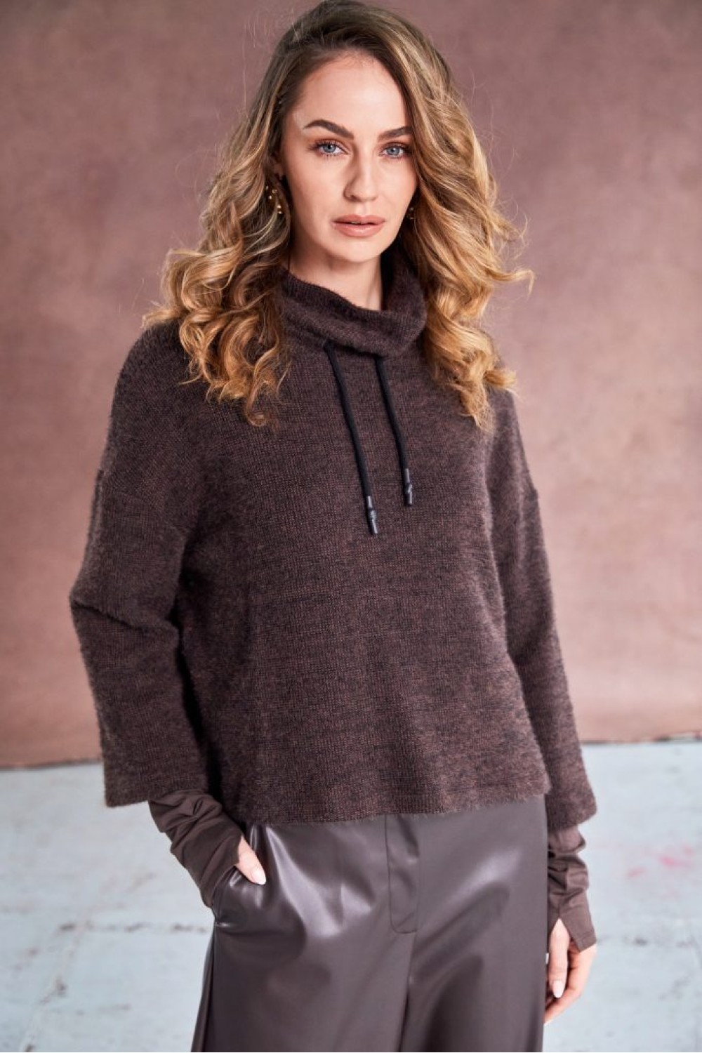NAYA Mohair Look Knit Funnel Neck Top Cocoa