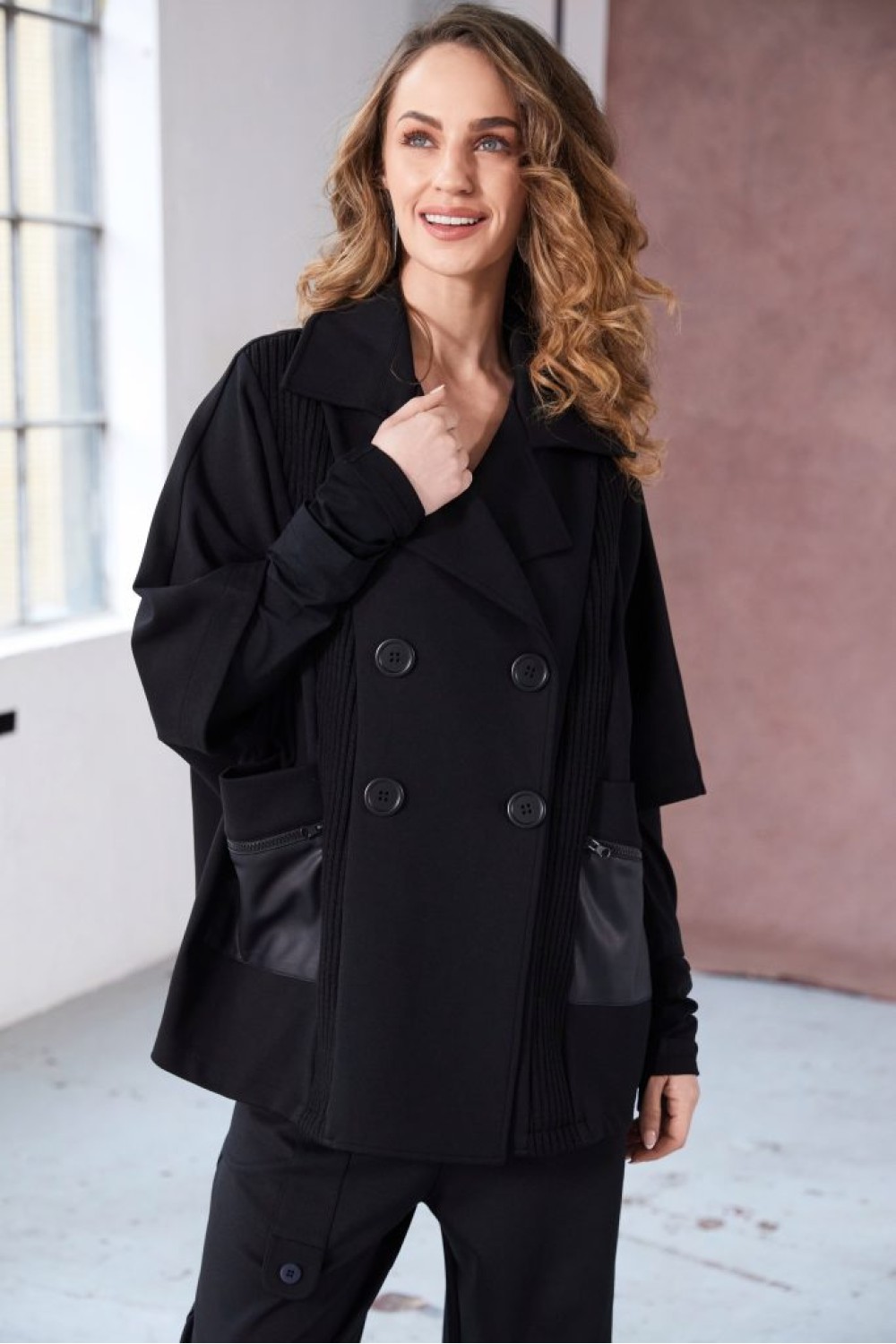 NAYA Double Breasted Jacket With Knit Panels Black
