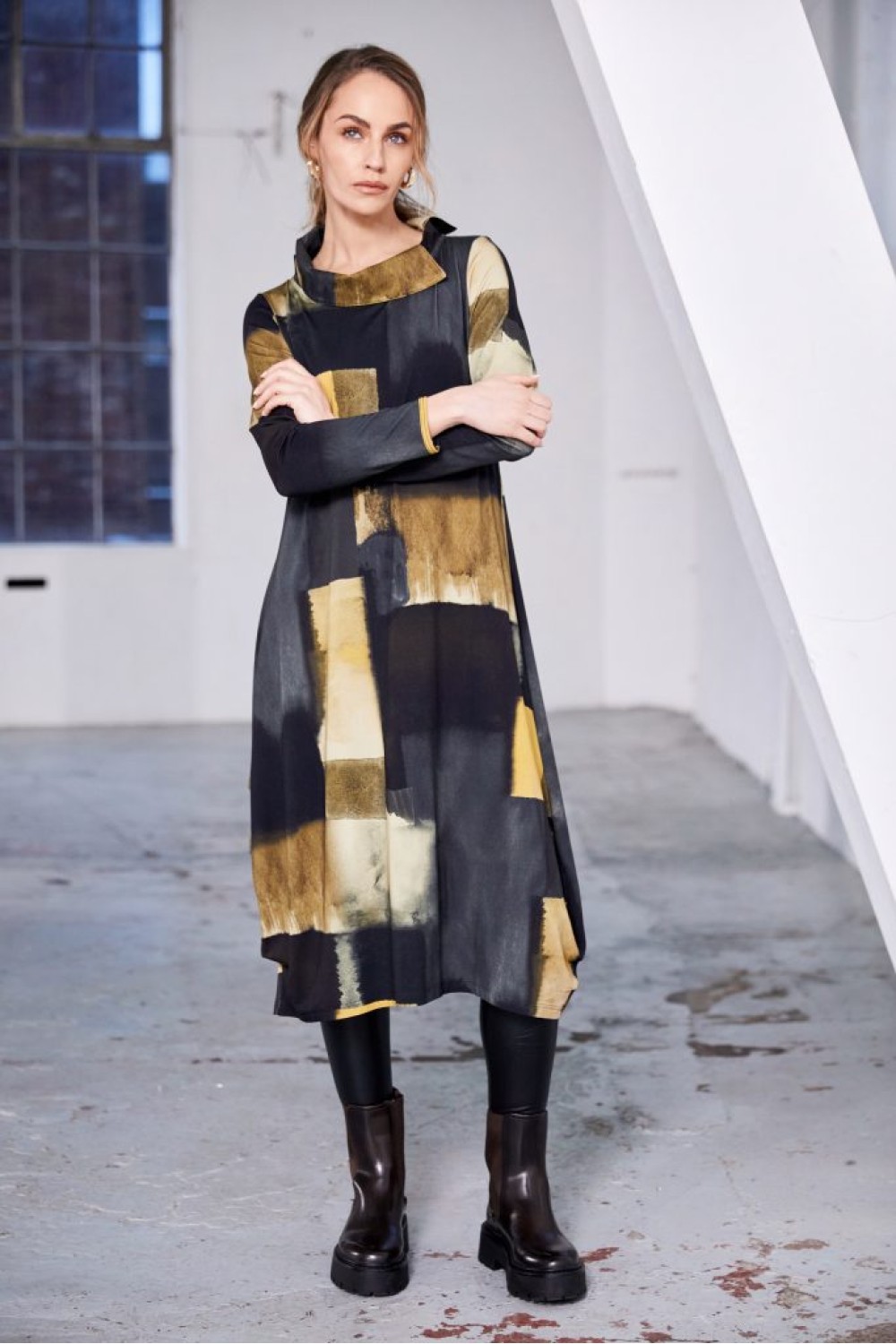 NAYA Jersey Print Dress With Cut Away Collar And Ruched Side Panel Black/Saffron