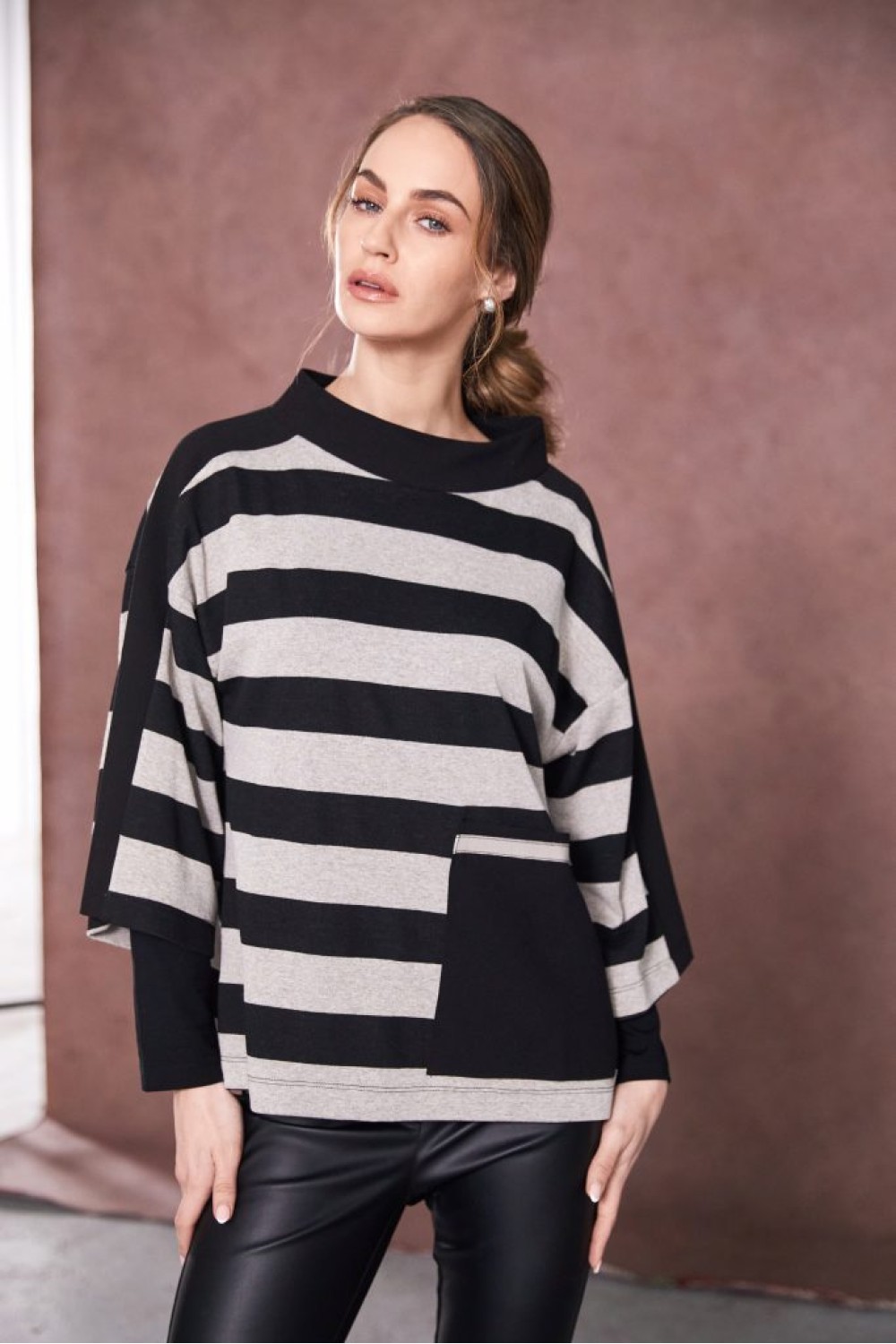 NAYA High Neck Stripped Top With Contrast Sections And Pocket Black/Taupe
