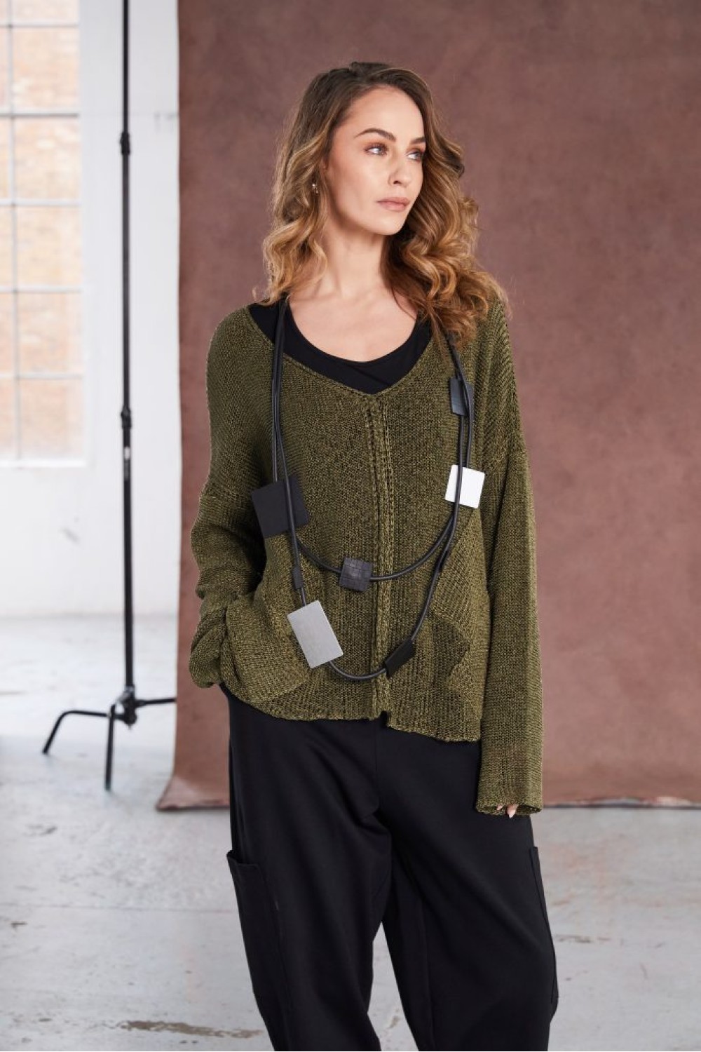 NAYA Loose Weave V Neck Knit With Layed On Sections Moss