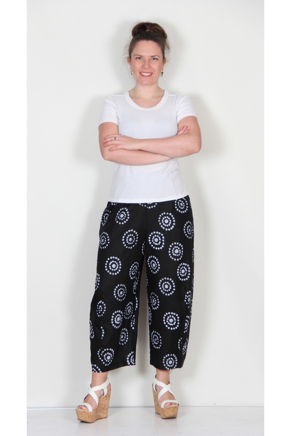 Neirami Spot Circle Print Linen Trousers Black/White