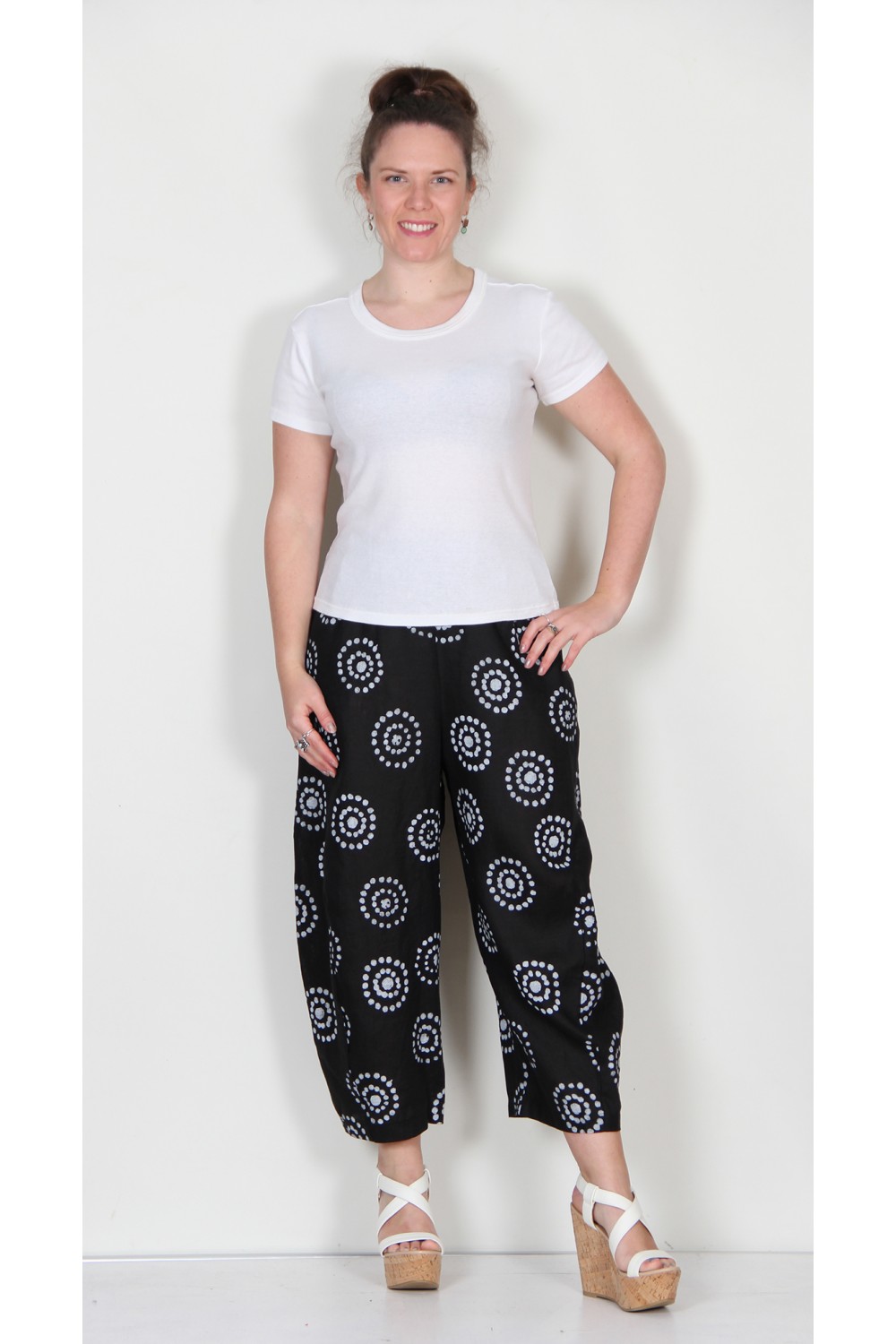 Neirami Spot Circle Print Linen Trousers Black/White