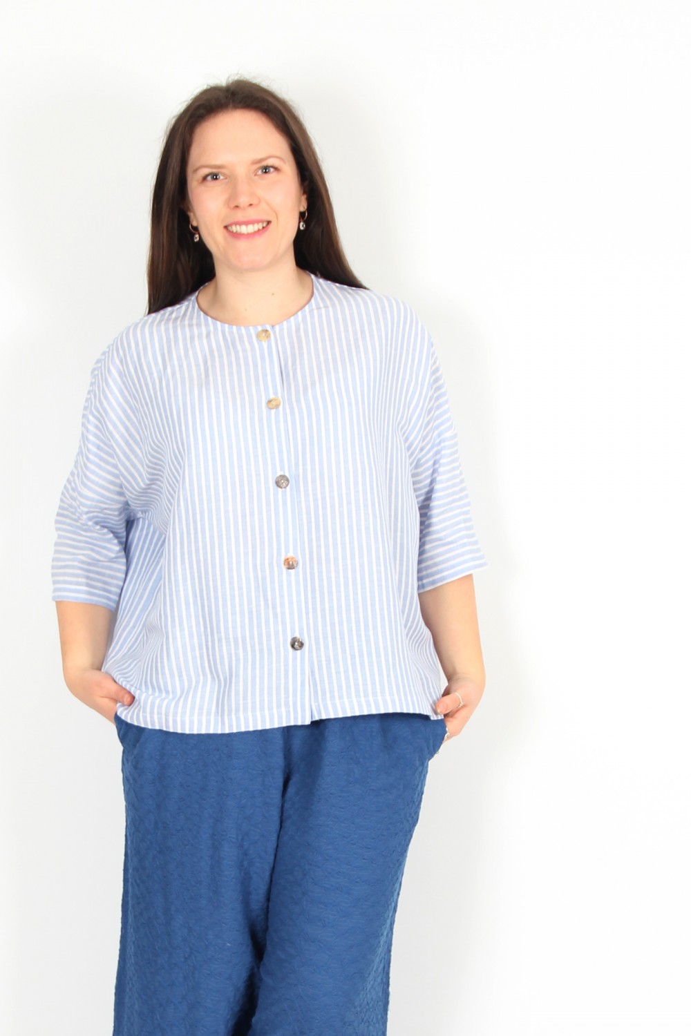 Neirami Happi Linen Cotton Button Blouse Blue Stripe