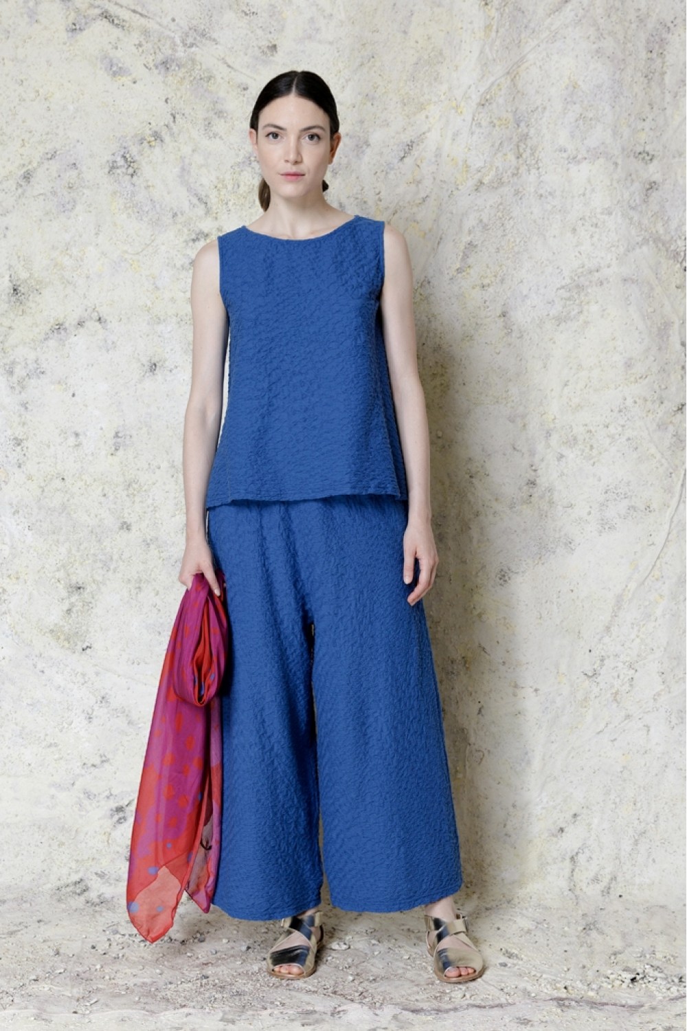 Neirami Clarinetto Cropped Wide Legged Textured Jersey Trouser Blue