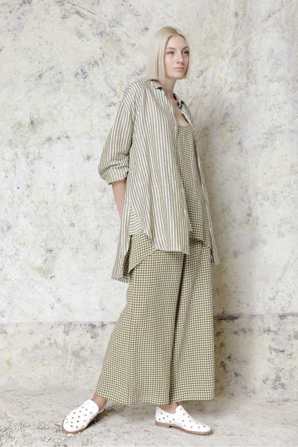 Neirami Massino Cropped Wide Legged Gingham Trouser Leaf