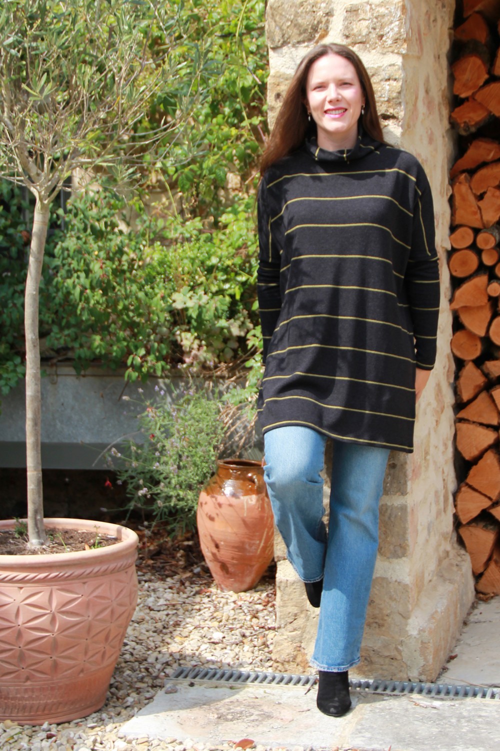 Neirami Teddy High Neck Fleece Knit Top Olive Stripe