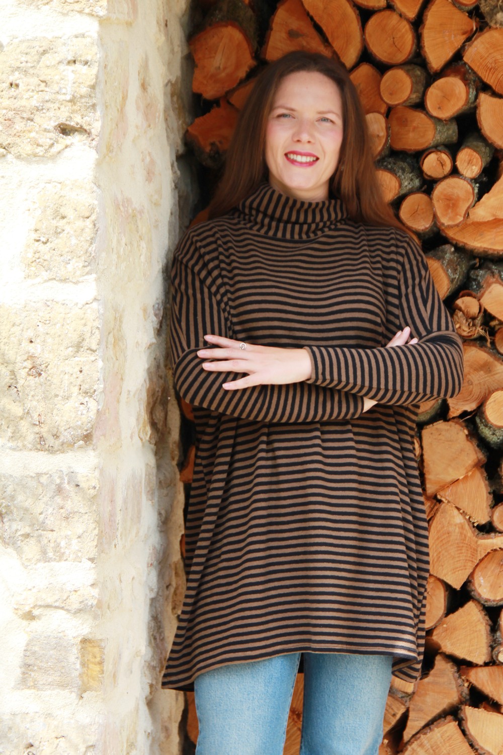 Neirami Teddy High Neck Fleece Knit Top Tabacco Stripe